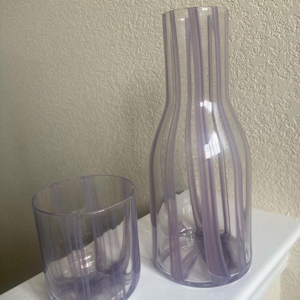 Lilac Striped Glass Carafe Set NWOT